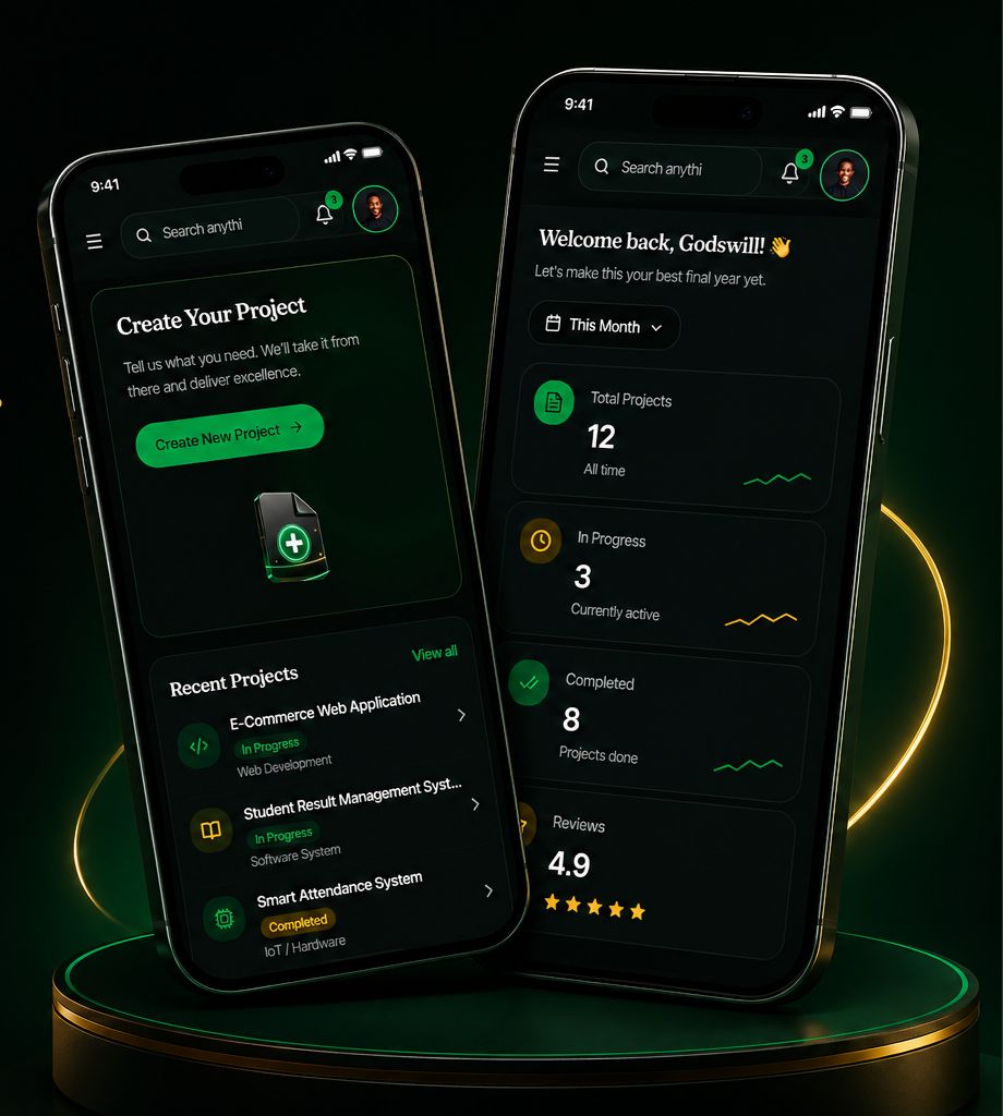 Final Year mobile app shown on two phones — create projects and dashboard overview